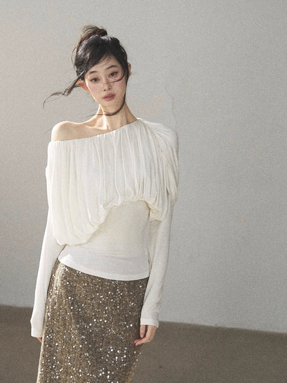 AOMALM - Creamy Ivory Asymmetric Ruched Off-Shoulder Long Sleeve Top