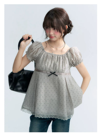 "Polka Dot Constellation" Gray Polka Dot Square Neck Puff Sleeve Top