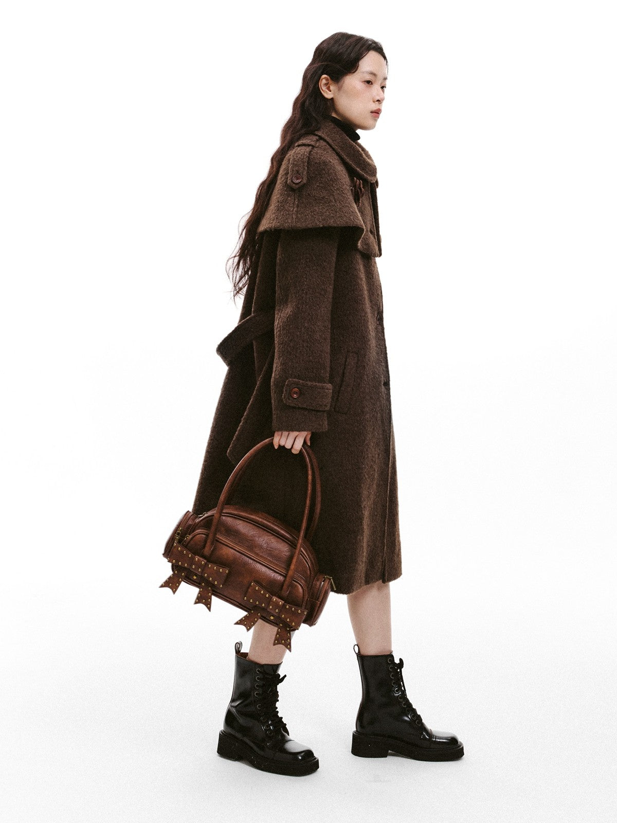 “Intellectual Cape Silhouette” Long Wool Blend Minimal Coat - Brown 8007