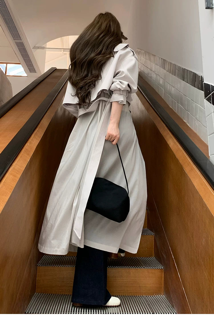 LaluneDuCiel - Beige Gray Double-Breasted Long Trench Coat