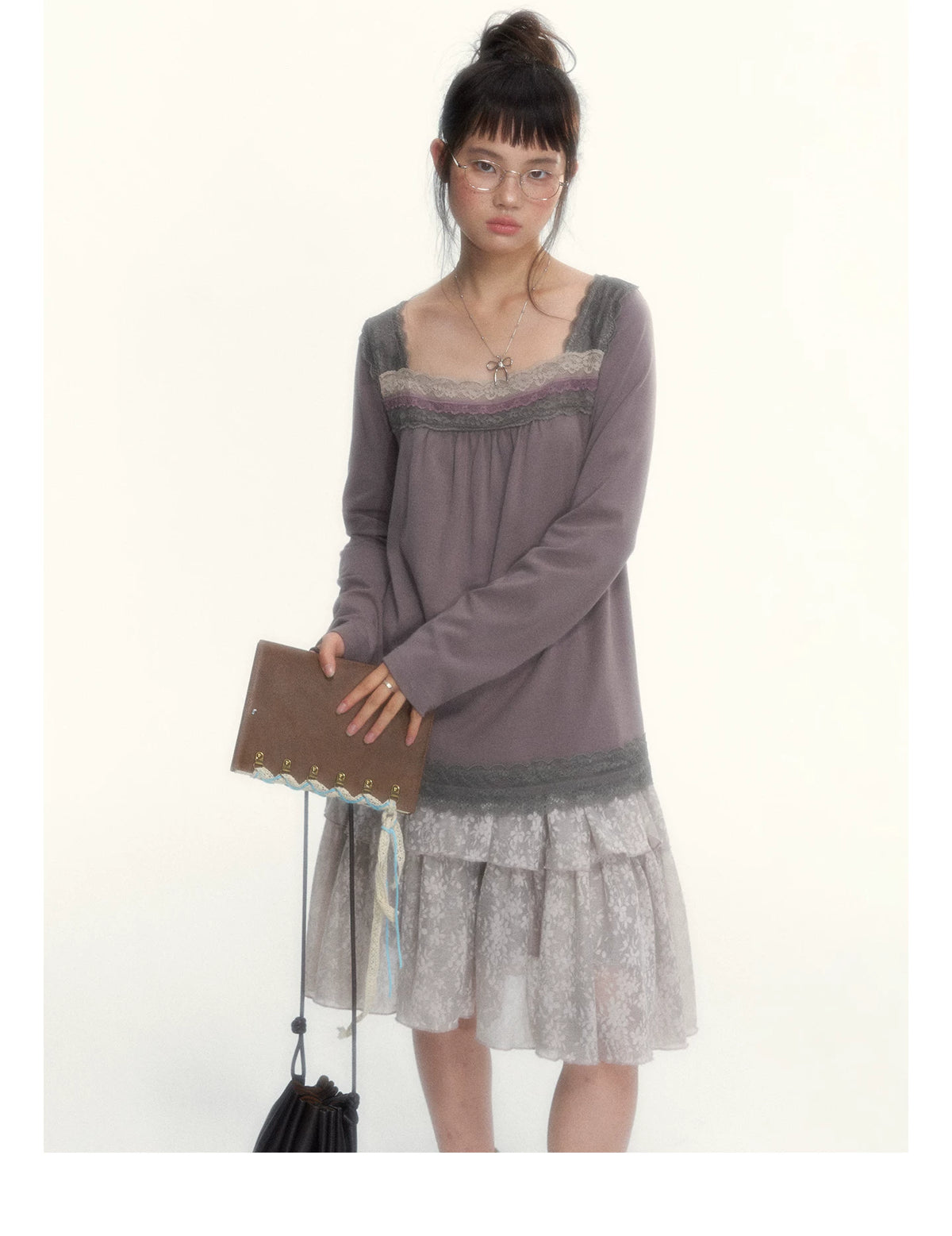 Gray Purple Lace-Trimmed Square-Neck Long-Sleeve T-Shirt