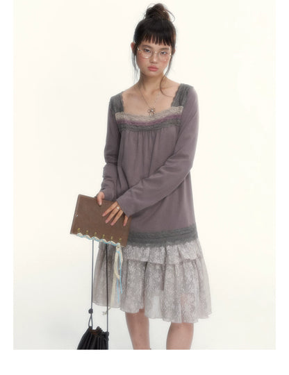 Gray Purple Lace-Trimmed Square-Neck Long-Sleeve T-Shirt