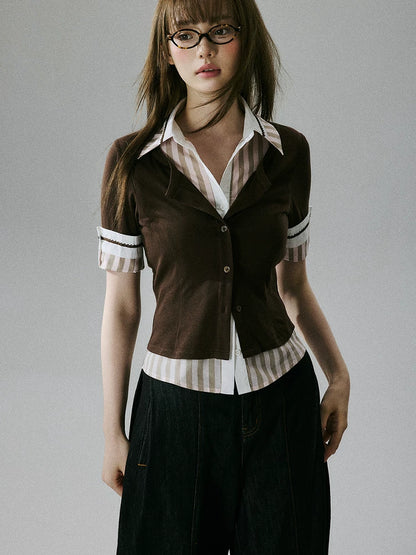 LOST FOREST - Brown & Pink Faux-Layered Lyocell Wool Top