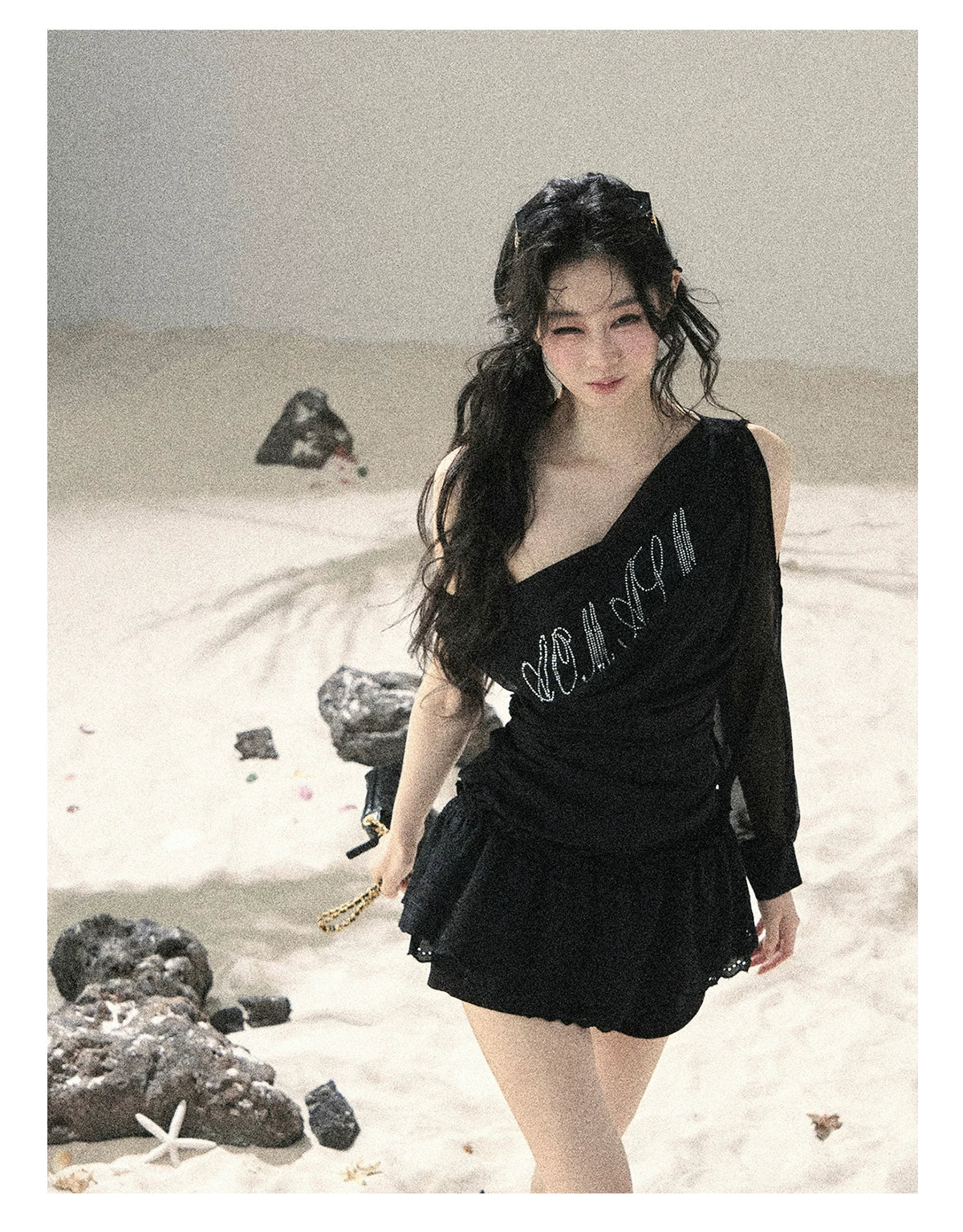 "Scattered Starlight" Midnight Black Off-Shoulder Mesh Waist-Cinched Top