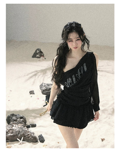 "Scattered Starlight" Midnight Black Off-Shoulder Mesh Waist-Cinched Top
