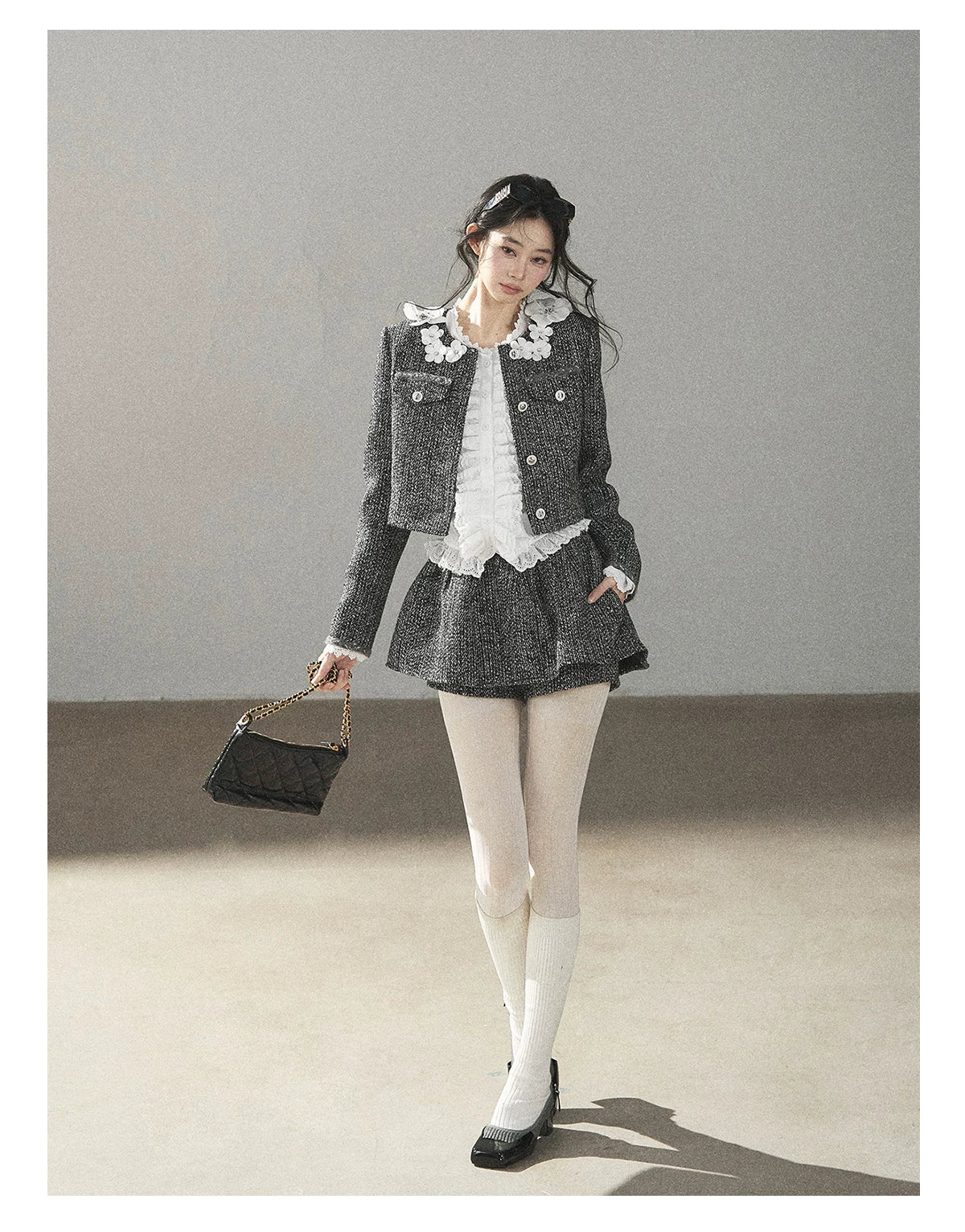 AOMALM - Black & Pearl White Tweed Jacket, Lace Blouse & Mini Skirt Set
