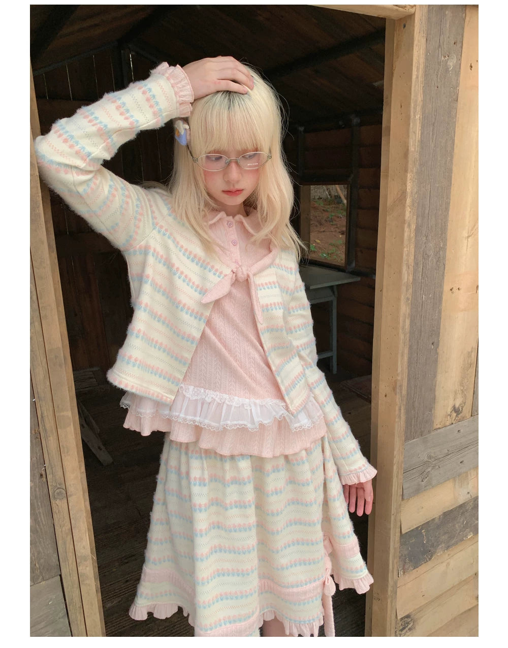 RF - Candy Stripe Floral Knit Cardigan and Midi Skirt Set