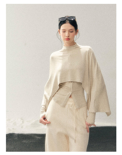少也眼 "Moss Whisper" Ivory Two-Tone Shawl T-Shirt Two-Piece Set