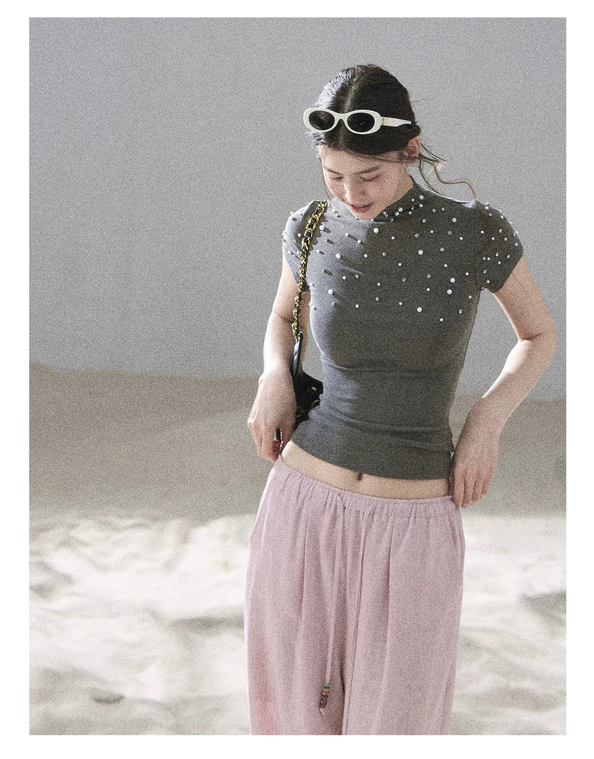 "Scattered Across the Milky Way" Pearl Beaded Knit T-Shirt (Haze Blue/ Sage Gray)