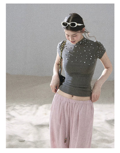 "Scattered Across the Milky Way" Pearl Beaded Knit T-Shirt (Haze Blue/ Sage Gray)