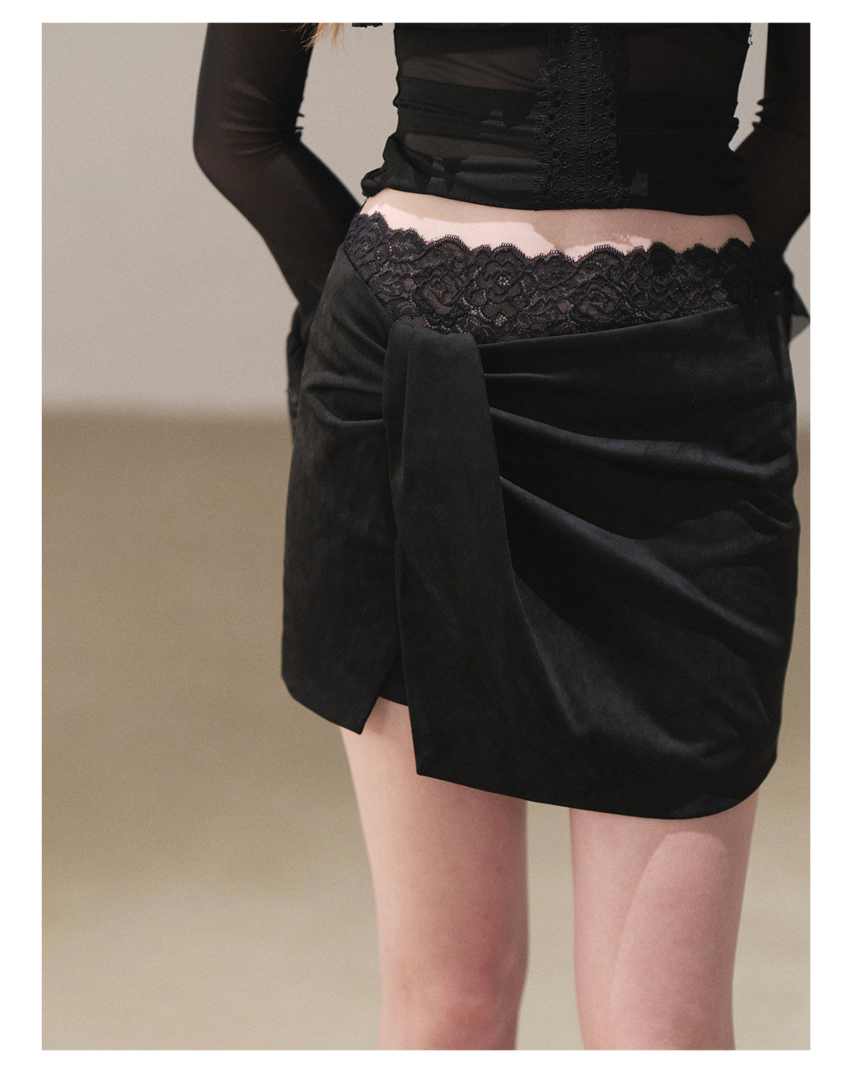 170726 "The Gentle Evening Breeze" Tranquil Black Lace-Trim Faux Layered Wrap Mini Skirt