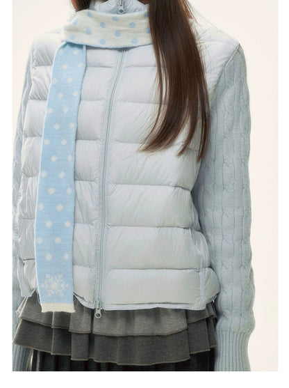 BIBIBENCY - Pale Blue Knit-Panel 90% White Duck Down Puffer Jacket (With Scarf)