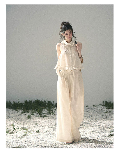 "Soft Cloud Reverie" Dutch Cream Lace Top & Bubble Skirt & Wide-Leg Pants Set 5468465