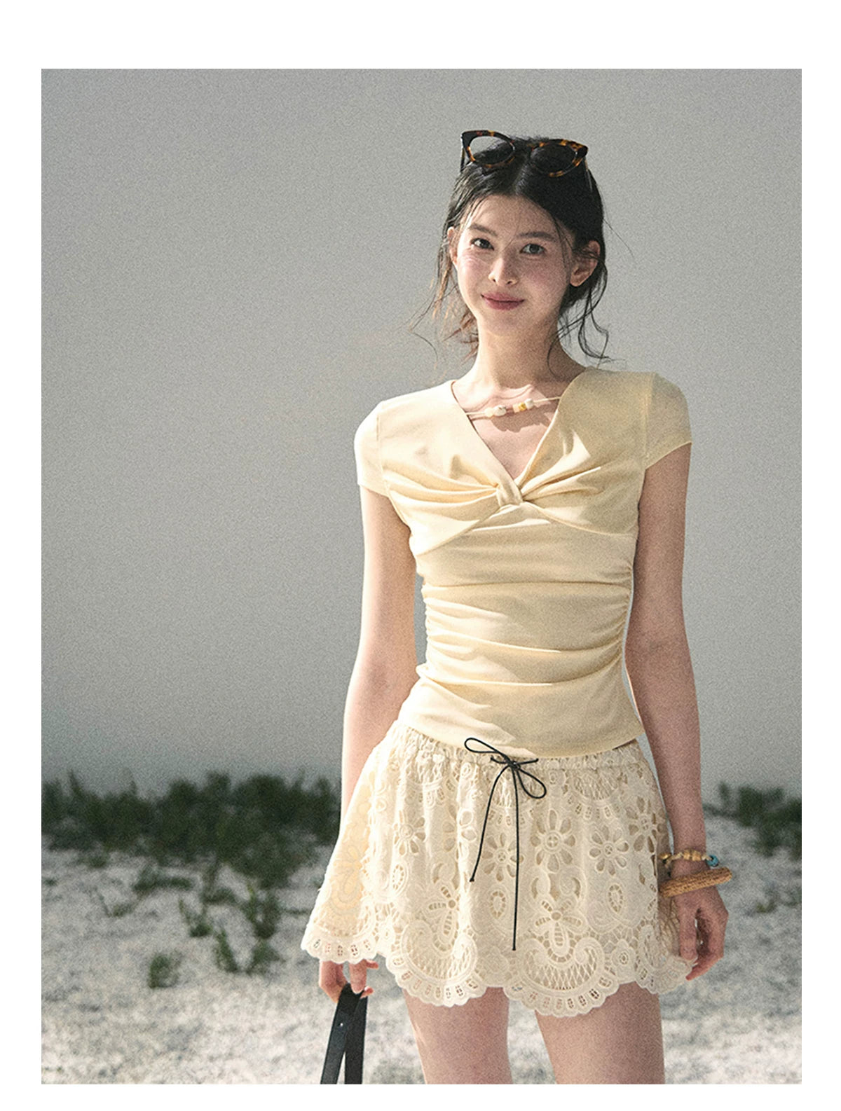 “Sheer Spring Whisper” Milkshake Yellow Twist V-Neck Top