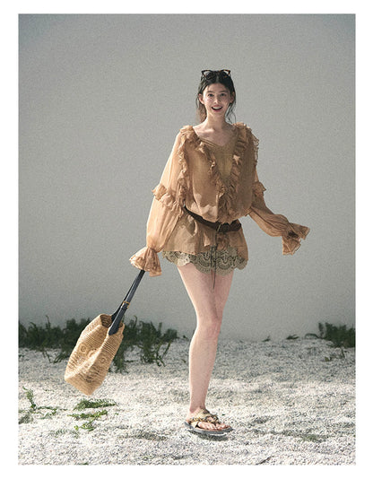 “Whispers of the Wind” Ash Caramel Lace Chiffon Blouse (With Belt)