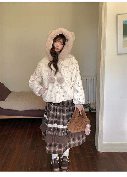 阮阮自制 - Honey Bear Ivory Plush Padded Jacket & Fleece Pants Set