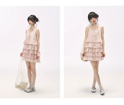 "Misty Pink Reverie" Petal Pink Lace Tie Tiered Sleeveless Dress