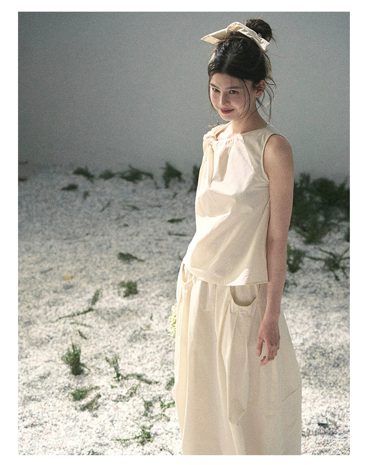 “Ivory Pleated Verse” Soft White Asymmetrical Twist Top & Skirt