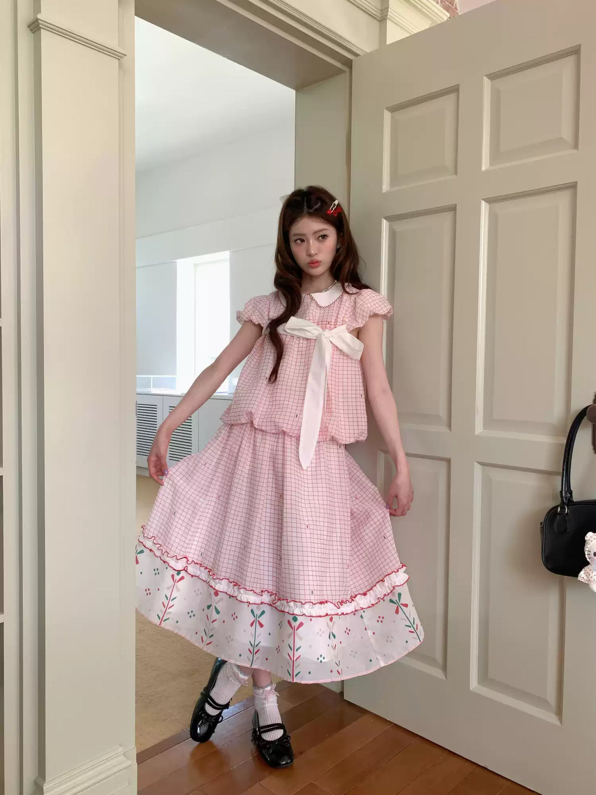 [RF] “Pink Camellia” Cherry Red Plaid Bow Two-Piece Set