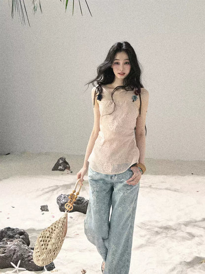 "Begonia in the Evening Breeze" Lotus Pink Embroidered Floral Cami Top