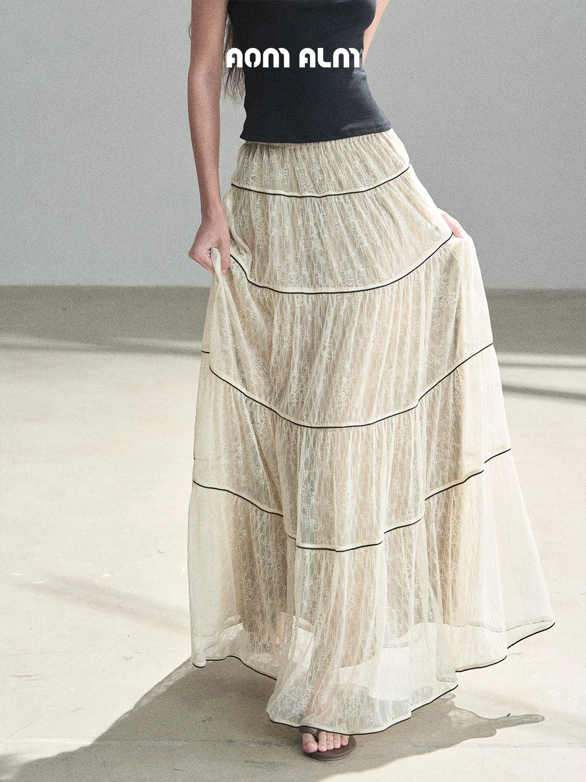 "Mist Through the Woods" Creamy Apricot White Lace Maxi A-Line Skirt
