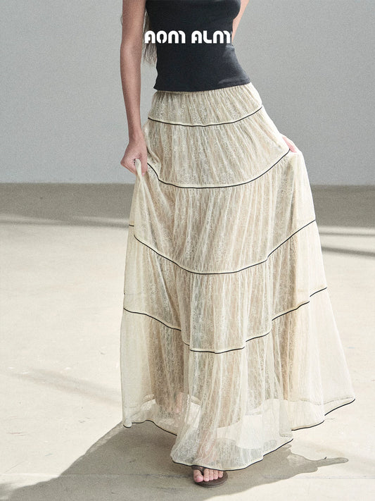 "Mist Through the Woods" Creamy Apricot White Lace Maxi A-Line Skirt