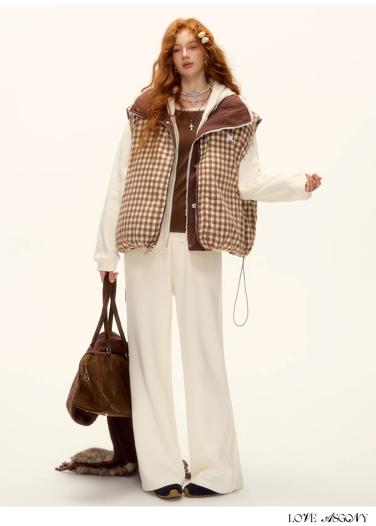 ASGONY - Reversible Plaid Lace-Trim Quilted Vest (Brown / Gray)