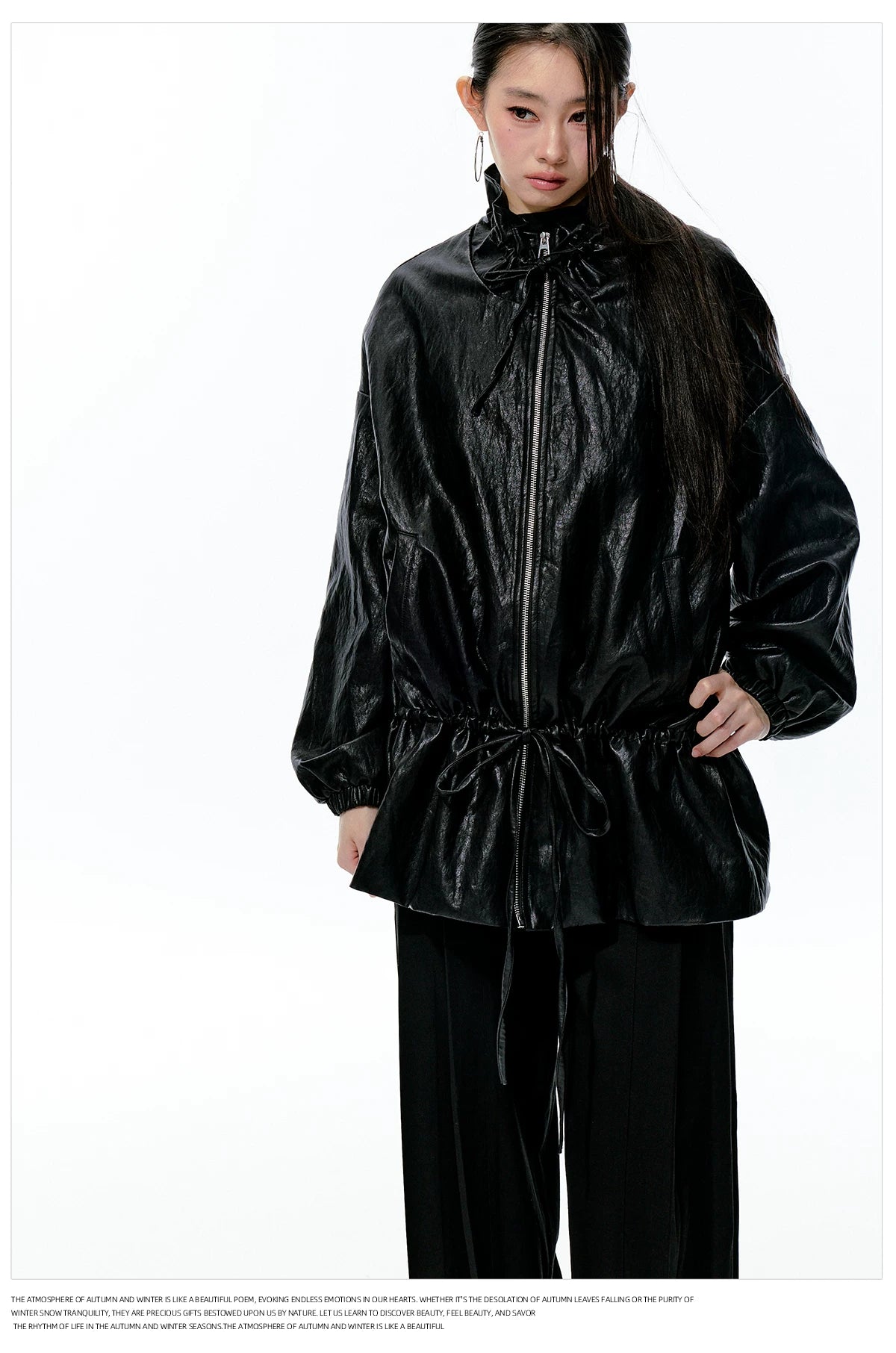 JN's DESIGN - Black Drawstring Faux Leather Jacket with Lace Back Detail