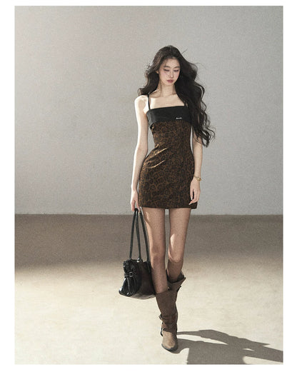AOMALM - "Wildland Reverie" Slate Brown Leopard Print Fitted Cami Dress & Obsidian Black Shawl