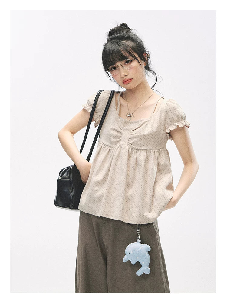 "Sweetheart Crew" Polka Dot Faux Two-Piece Bow Knit Short Sleeve Top
