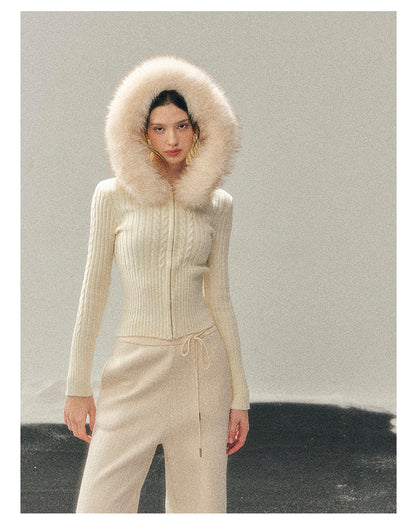 少也眼 “Sunset’s Soft Trace” Milk-Apricot Hooded Cable-Knit Zip-Up Jacket