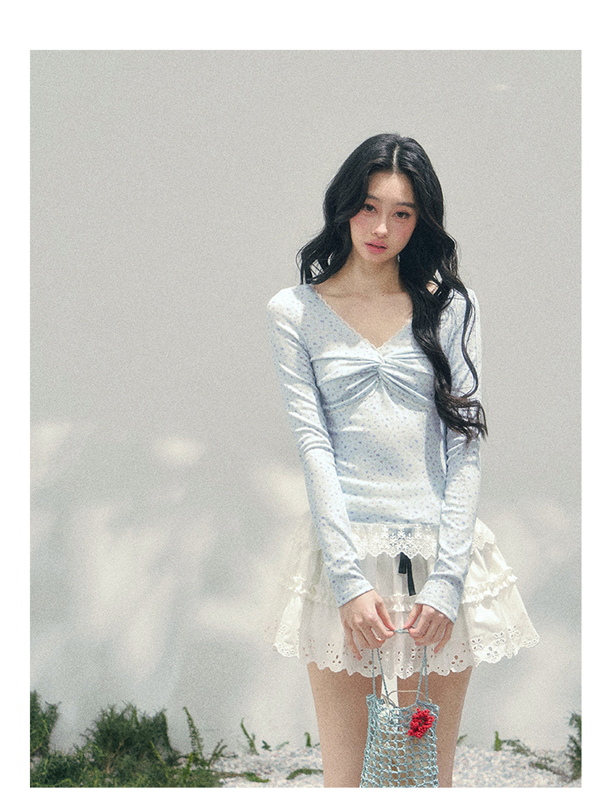 少也眼 "Heartbeat Pause" Baby Blue Back Lace Cut-Out Top 53685634
