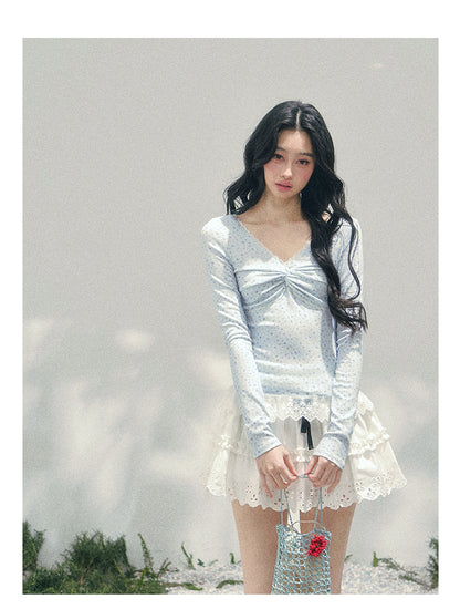 少也眼 "Heartbeat Pause" Baby Blue Back Lace Cut-Out Top 53685634