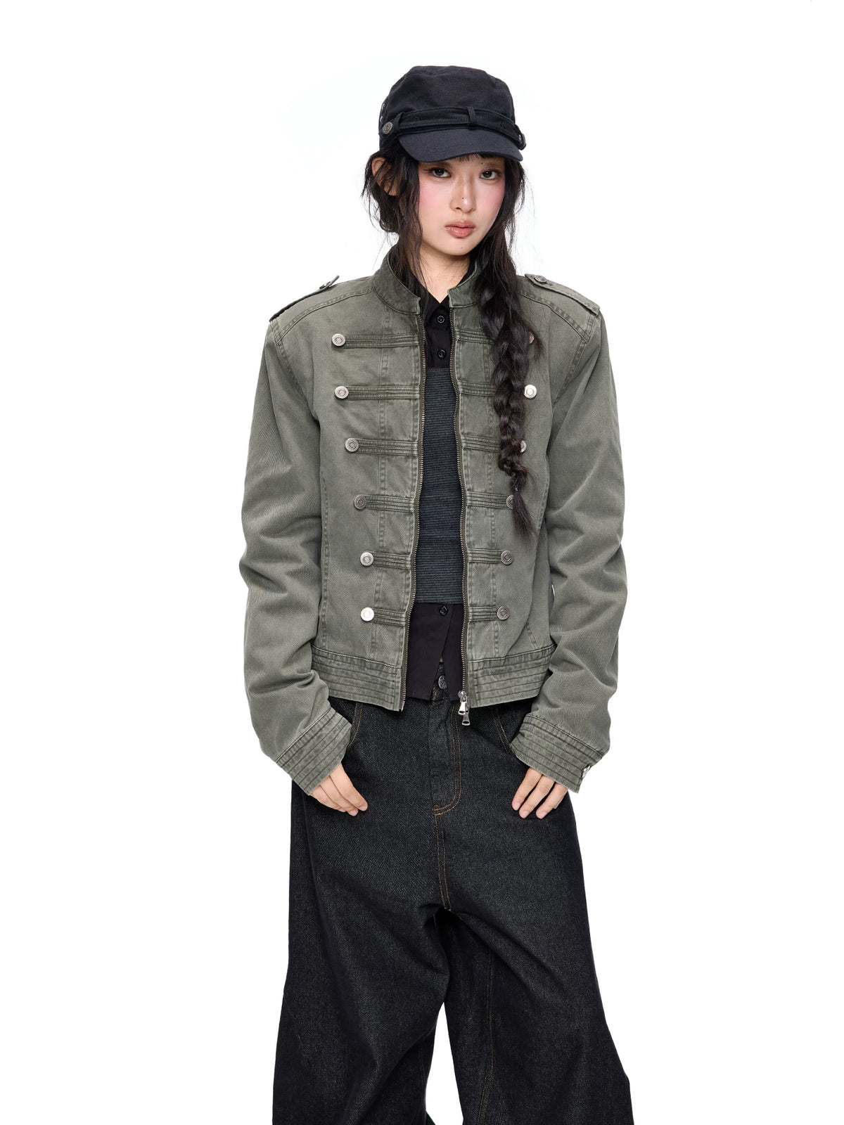 EZEK | Vintage Washed Denim Jacket with Hood and Double-Breasted Buttons (Military Green / Heather Gray)