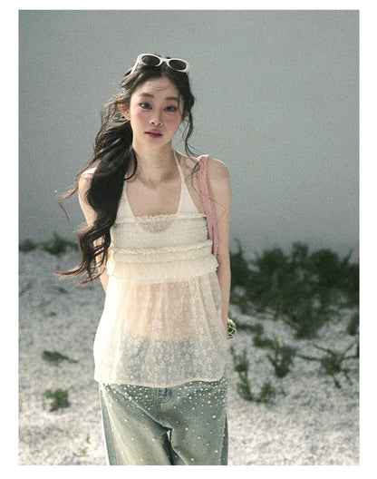 “Shattered Glasslight Veil” Cream Lace Halter Twinset Top