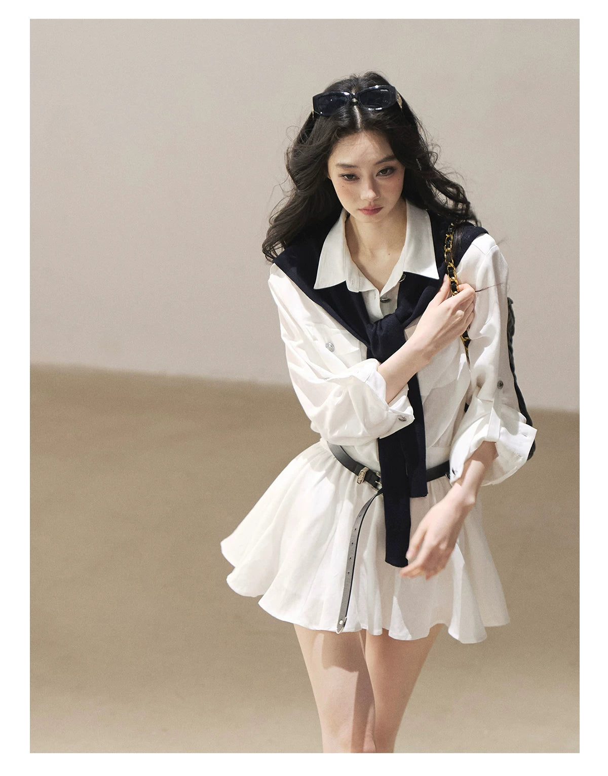 AOMALM - "Moonlight Sinks into the Sea" High-Intellect Utility Shirt Dress (Plain White / Navy Blue, with Belt & Optional Shawl)