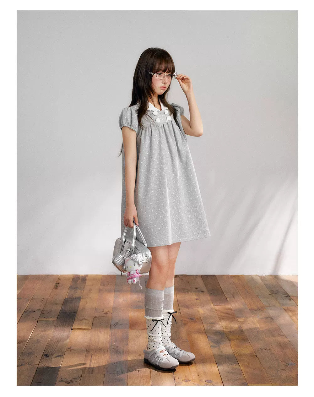 “Grey Sugar Cloud” Grey Polka Dot Doll Collar Dress