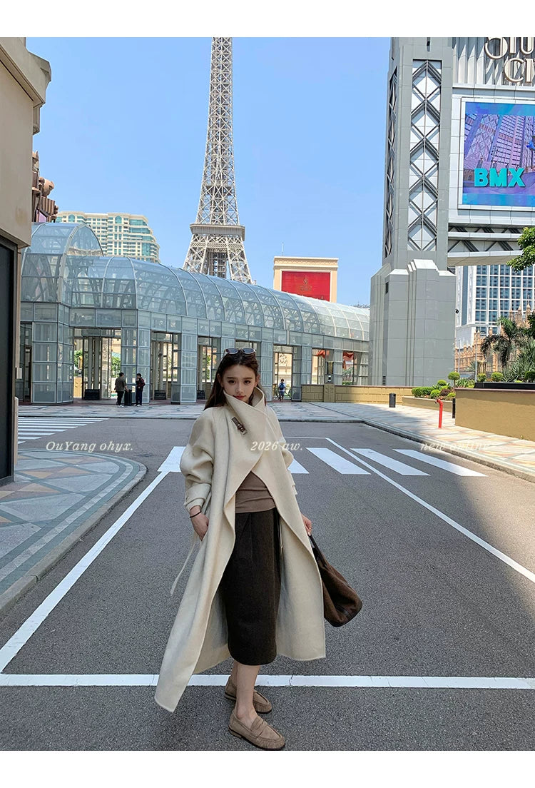 QuQuOuYang - 100% Wool Double-Face Belted Coat with Convertible Collar