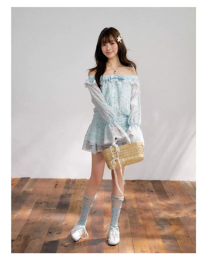 “Blue Meringue Reverie” Blue Off-Shoulder Cake Dress