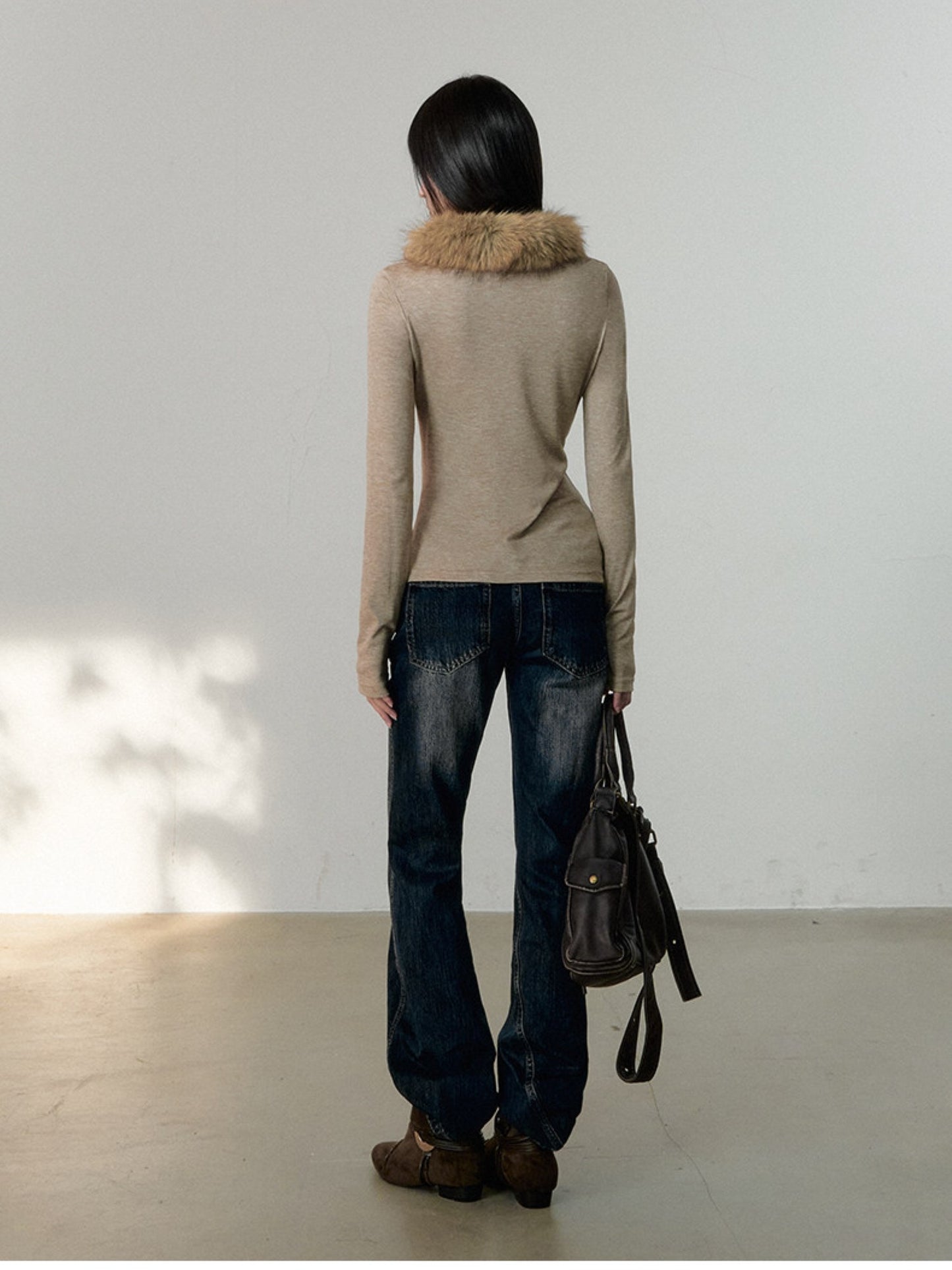 Soote Season - Oatmeal Faux Two-Piece Draped Fur-Collar Knit Base Top