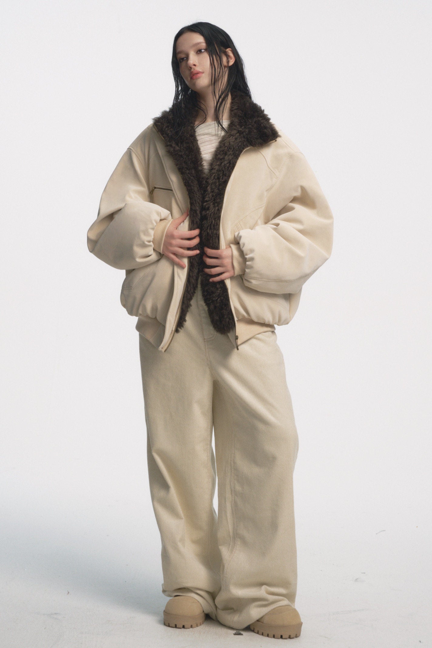 Muirgen - Ivory Reversible Faux Suede Shearling Jacket