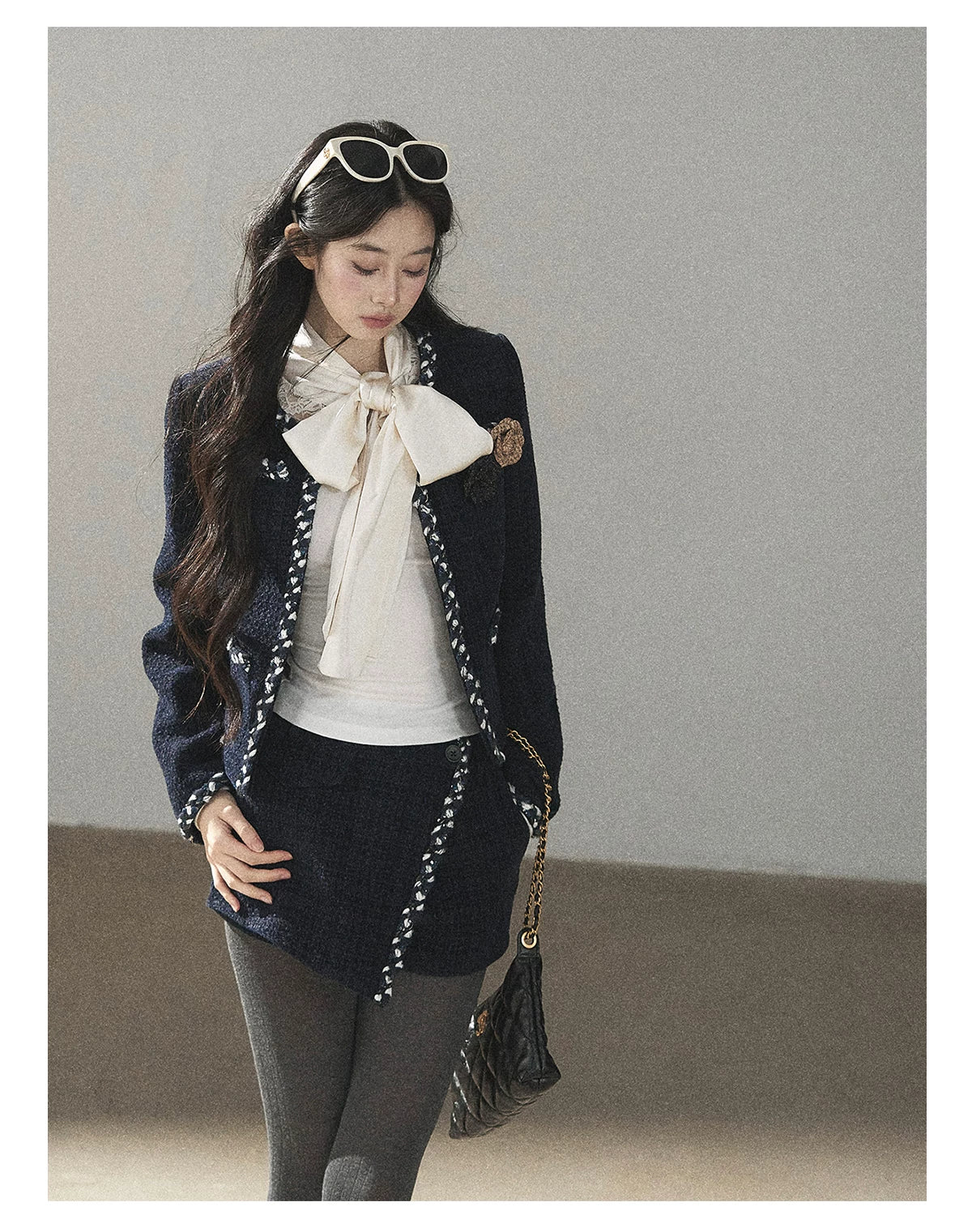AOMALM - Navy Tweed Jacket & Skort Set with Dutch Cheese Top