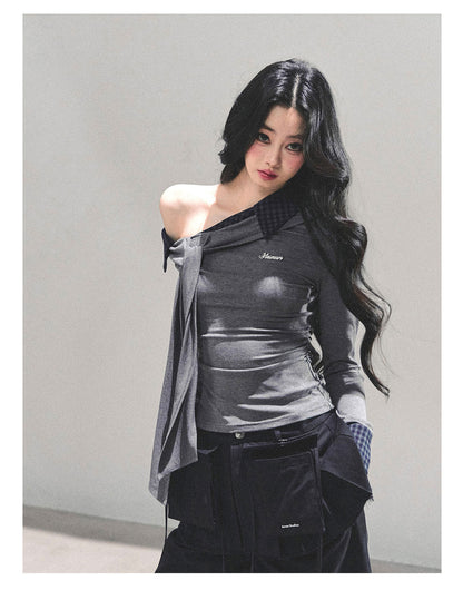 少也眼 “The Quiet Passing” Asymmetric Knit Off-Shoulder Top - Gray 65624