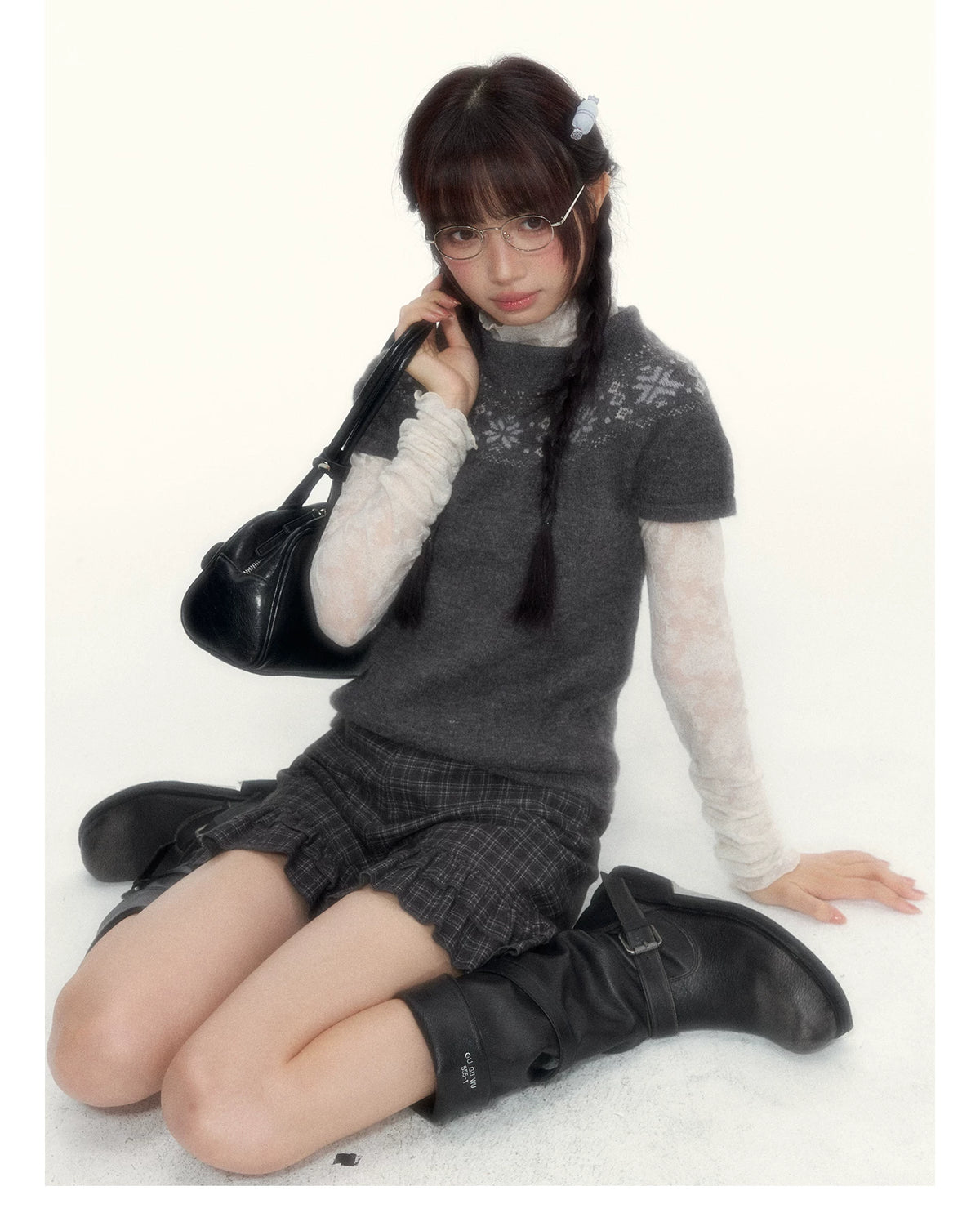 Deep Gray Fair Isle Short-Sleeve Knit Sweater