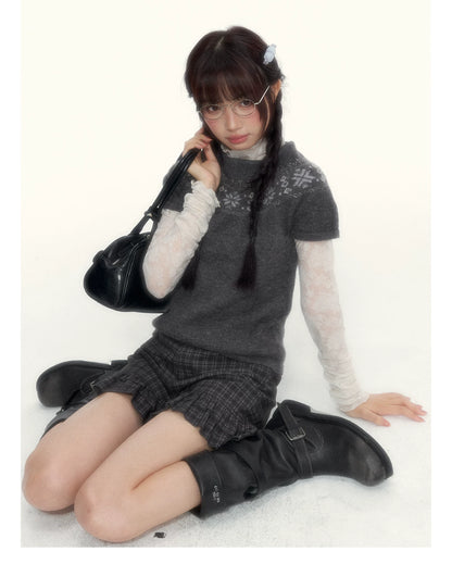 Deep Gray Fair Isle Short-Sleeve Knit Sweater