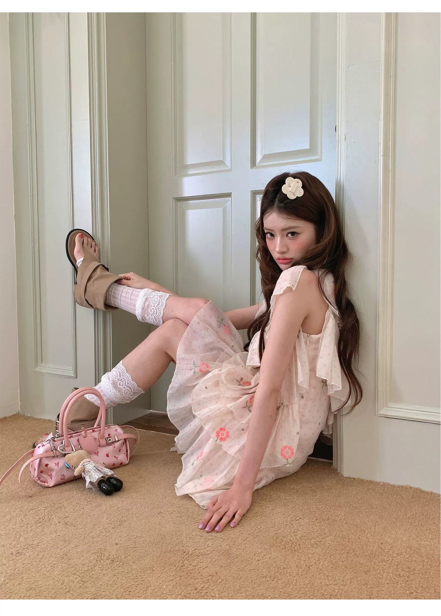 “Cloud Ruffle Reverie” Cream Apricot Floral Ruffle Dress