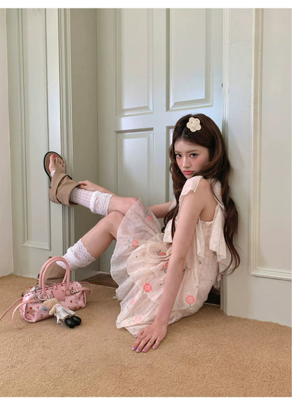 “Cloud Ruffle Reverie” Cream Apricot Floral Ruffle Dress