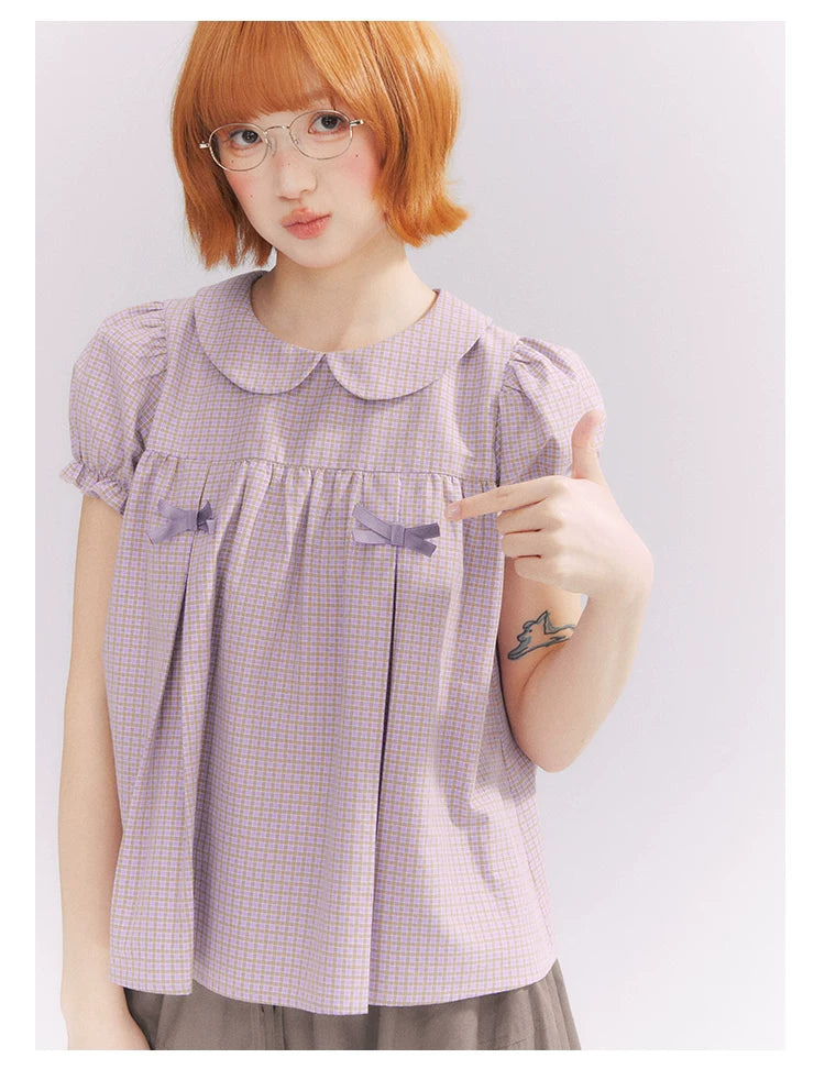 “Taro Milk Candy” Purple Plaid Bow Peter Pan Collar Puff Sleeve Blouse