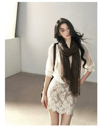 AOMALM - 100% Silk Sheer Fringe Scarf