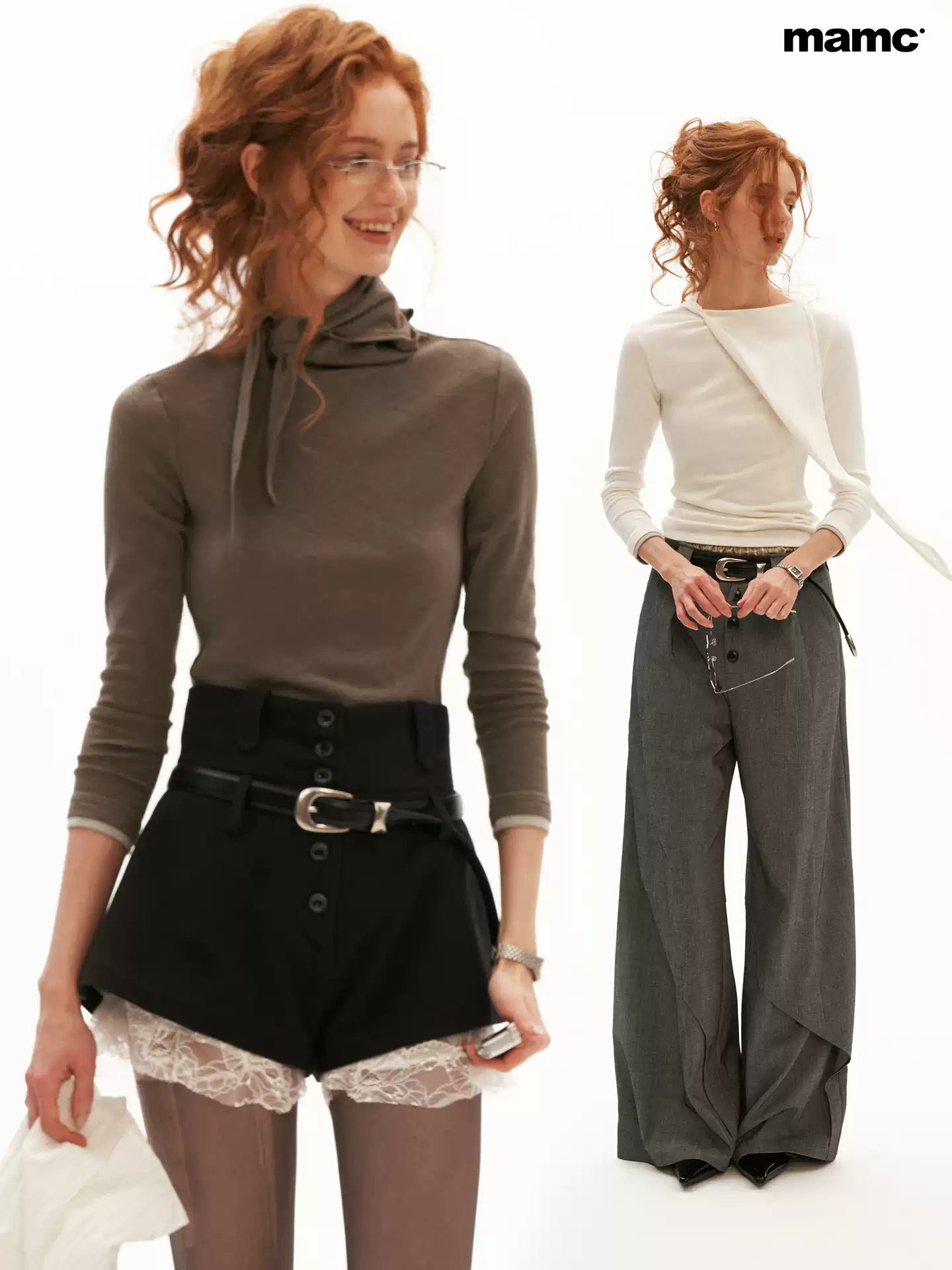 MAMC - Soft Wrap-Tie Fitted Long-Sleeve Top (Red / Black / White / Gray)